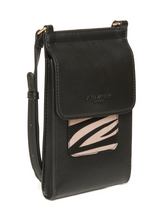 Load image into Gallery viewer, Alice Wheeler AW6216 Zebra Mini Bloomsbury Cross Body Bag – vegan leather compact crossbody with zebra suede panel, card holder and magnetic clasp, women’s stylish everyday bag.