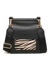 Load image into Gallery viewer, ALICE WHEELER AW6218 Zebra Bloomsbury cross body bag in vegan leather with gold hardware, magnetic flap closure and adjustable strap.