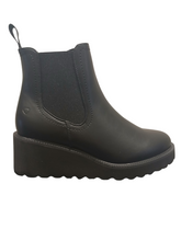 Load image into Gallery viewer, Heavenly Feet Clematis Black Chelsea boots with wedge sole, faux leather upper, elastic side panels and cushioned lining – stylish vegan-friendly ankle boots.