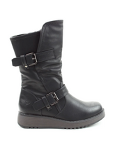 Load image into Gallery viewer, Heavenly Feet Hannah4 black vegan-friendly mid-calf boots with faux leather upper, twin buckle straps, side zip, memory foam footbed and wedge sole.