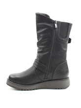 Load image into Gallery viewer, Heavenly Feet Hannah4 black vegan-friendly mid-calf boots with faux leather upper, twin buckle straps, side zip, memory foam footbed and wedge sole.