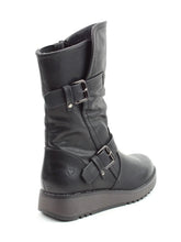 Load image into Gallery viewer, Heavenly Feet Hannah4 black vegan-friendly mid-calf boots with faux leather upper, twin buckle straps, side zip, memory foam footbed and wedge sole.