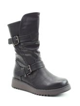 Load image into Gallery viewer, Heavenly Feet Hannah4 black vegan-friendly mid-calf boots with faux leather upper, twin buckle straps, side zip, memory foam footbed and wedge sole.