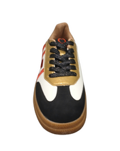 Load image into Gallery viewer, Heavenly Feet Steffi White Black Gold women’s trainers with red HF logo, stylish lace-up sneakers with cushioned insoles and lightweight sole.