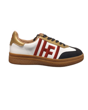 Load image into Gallery viewer, Heavenly Feet Steffi White Black Gold women’s trainers with red HF logo, stylish lace-up sneakers with cushioned insoles and lightweight sole.