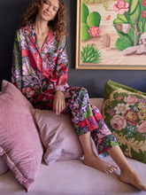 Load image into Gallery viewer, Hope & Ivy Marianna Silk Compton Pyjamas – luxury satin pyjama set featuring William Morris’ Compton print with red piping, includes matching fabric bag, perfect for gifting or lounging.