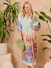 Load image into Gallery viewer, Hope & Ivy Nora Blue Kimono Sleeve Adjustable Tie Waist Midi Dress – women’s blue underwater print dress with beaded sleeves, tie waist and front split. Perfect for summer occasions and holidays.