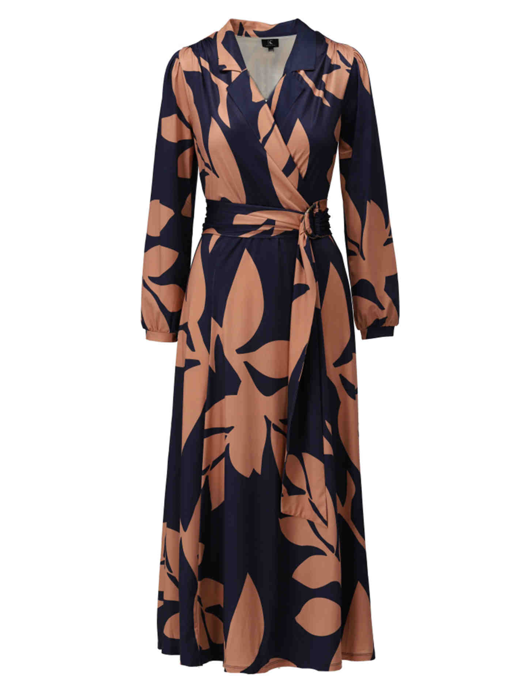 K Design B118 women’s wrap-style midi dress in abstract black and beige print with long sleeves and gathered waist, perfect for modern elegance and all-day comfort.