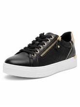 Load image into Gallery viewer, Lunar Hype black trainer with gold zip detail and white platform sole – The Queen B Boutique