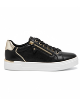 Load image into Gallery viewer, Lunar Hype black trainer with gold zip detail and white platform sole – The Queen B Boutique