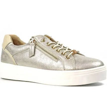 Load image into Gallery viewer, Lunar Xenon Albania gold trainer with white sole and side zip detail – The Queen B Boutique