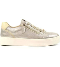 Load image into Gallery viewer, Lunar Xenon Albania gold trainer with white sole and side zip detail – The Queen B Boutique