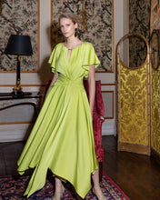 Load image into Gallery viewer, Maisonel ME3003 Lime Dress – women’s satin occasion dress in vibrant lime with flutter sleeves, gathered waist detail, and asymmetric hemline. Perfect for weddings and formal events.