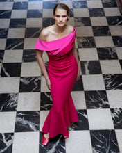 Load image into Gallery viewer, Maisonel ME3011 Hot Pink Raspberry Dress – women’s off-the-shoulder fishtail gown in vibrant raspberry pink, ideal for evening events, weddings, and formal occasions.