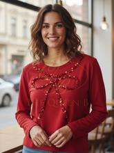 Load image into Gallery viewer, Malissa J WF2503 wine red sequin bow top – women’s festive long sleeve party knit
