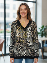 Load image into Gallery viewer, Malissa J ASH-38 women’s black multi v-neck top – long sleeve blouse with bold print, perfect smart casual and evening wear fashion.