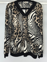 Load image into Gallery viewer, Malissa J ASH-38 women’s black multi v-neck top – long sleeve blouse with bold print, perfect smart casual and evening wear fashion.
