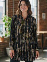 Load image into Gallery viewer, Malissa J ASH-47 Black/Gold Velvet Long Length Shirt - women’s velvet shirt with black and gold crinkle texture, button-down design and longline silhouette. Perfect for chic day-to-night outfits.