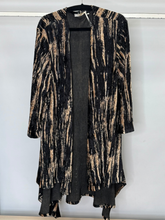 Load image into Gallery viewer, Malissa J ASH-49 women’s black and gold velvet waterfall cardigan, luxury open-front velvet cardigan for evening wear, parties and chic layering.