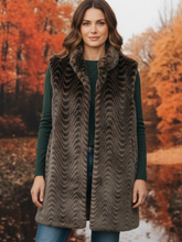 Load image into Gallery viewer, Malissa J GC20523 Swirl Longline Gilet - women’s faux fur sleeveless brown longline gilet with swirl pattern, luxury layering piece.