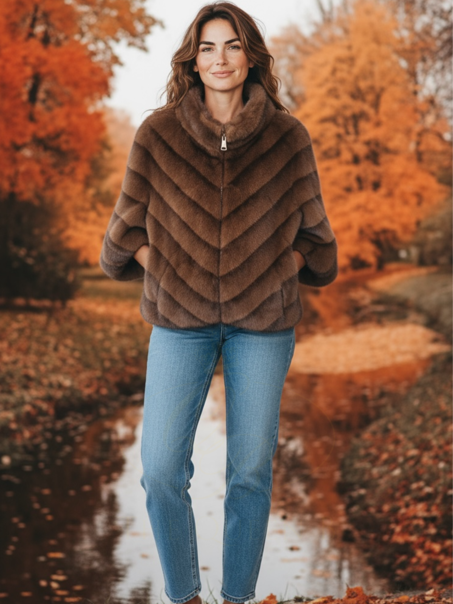 Malissa J GC20527 brown faux fur jacket with high collar - luxury women’s winter coat for stylish cold-weather outfits.