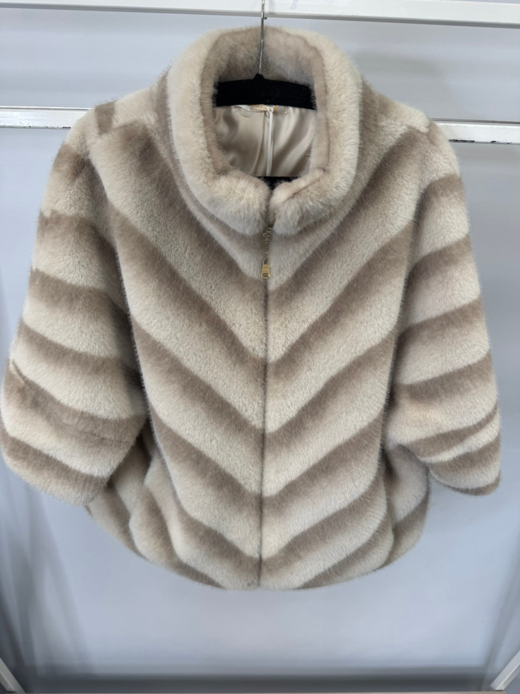 Malissa J stone faux fur jacket with funnel neckline – women’s luxury zip-up faux fur coat for evening wear, winter events and stylish layering