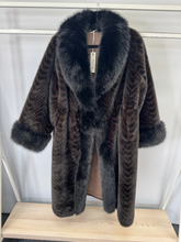Load image into Gallery viewer, Malissa J swirl faux fur coat in brown with black trim - women’s luxury mid-length faux fur jacket, elegant winter evening and occasion coat