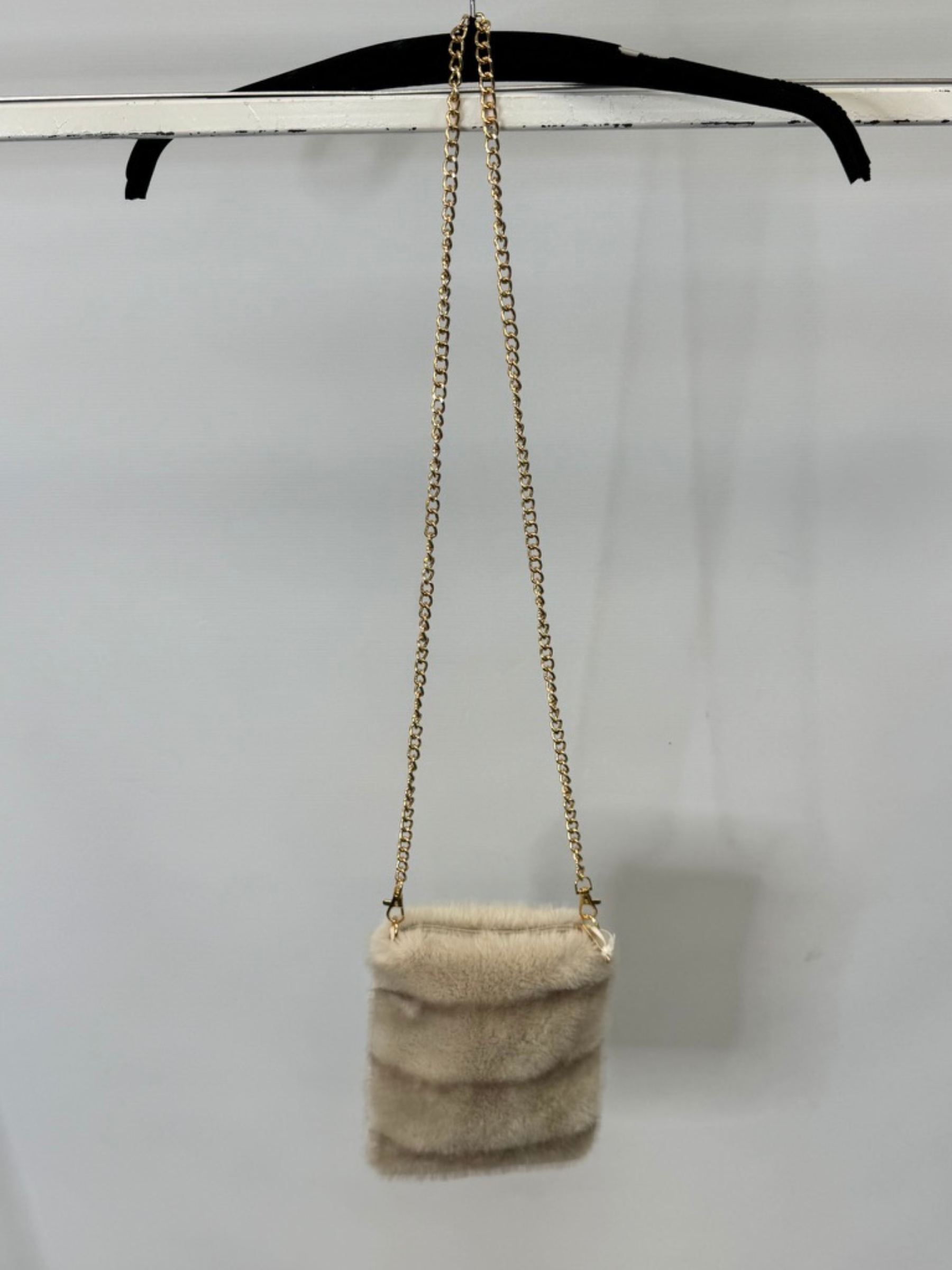 Malissa J GC20707 Stone Faux Fur Cross Body Bag – women’s faux fur handbag with gold chain strap, perfect for chic day-to-night outfits