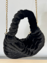Load image into Gallery viewer, Malissa J GC21344 black horseshoe faux fur bag with swirl design and gold chain strap-luxury women’s statement handbag.