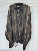 Load image into Gallery viewer, Malissa J bronze zip up jacket for women - abstract print hooded jacket with asymmetrical hemline, lightweight stylish outerwear for casual, travel and smart-casual looks.