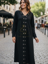 Load image into Gallery viewer, Malissa J WF2549 black V-neck long-sleeve dress with eyelet front-women’s jersey midi dress for day-to-night outfits.