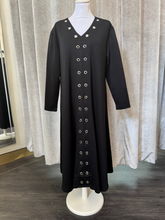 Load image into Gallery viewer, Malissa J WF2549 black V-neck long-sleeve dress with eyelet front-women’s jersey midi dress for day-to-night outfits.