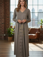 Load image into Gallery viewer, Malissa J WF2549 mushroom V-neck long-sleeve dress with eyelet front-women’s jersey midi dress for day-to-night outfits.