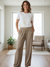 Load image into Gallery viewer, Malissa J WF2551 mushroom PU strip straight-leg trousers with elasticated waistband-women’s versatile smart-casual pull-on pants.