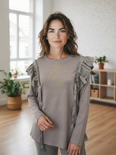 Load image into Gallery viewer, Malissa J WF2598 mushroom top with ruffle shoulder detail and ribbon trims-women’s elegant long-sleeve blouse for day-to-night outfits