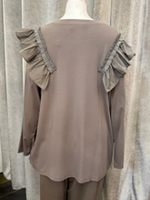 Load image into Gallery viewer, Malissa J WF2598 mushroom top with ruffle shoulder detail and ribbon trims-women’s elegant long-sleeve blouse for day-to-night outfits