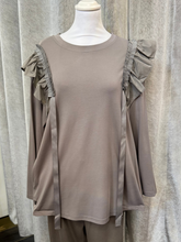 Load image into Gallery viewer, Malissa J WF2598 mushroom top with ruffle shoulder detail and ribbon trims-women’s elegant long-sleeve blouse for day-to-night outfits