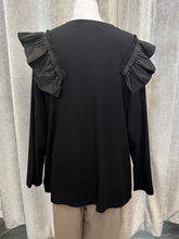 Load image into Gallery viewer, Malissa J WF2598 black top with ruffle shoulder detail and ribbon trims-women’s elegant long-sleeve blouse for day-to-night outfits