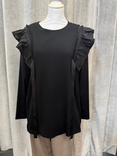 Load image into Gallery viewer, Malissa J WF2598 black top with ruffle shoulder detail and ribbon trims-women’s elegant long-sleeve blouse for day-to-night outfits