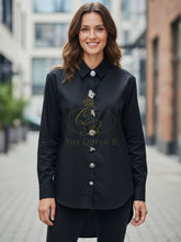 Load image into Gallery viewer, Malissa J black oversized women’s shirt with statement buttons - long sleeve collared fashion shirt for casual, workwear and evening outfit