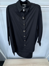 Load image into Gallery viewer, Malissa J black oversized women’s shirt with statement buttons - long sleeve collared fashion shirt for casual, workwear and evening outfit