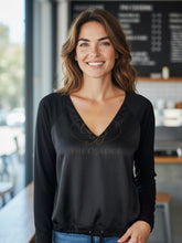Load image into Gallery viewer, Malissa J black jet studded V-neck top for women - long sleeve sparkle blouse with drawstring hem, versatile day-to-night fashion top.