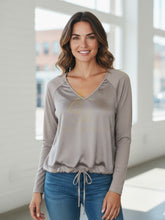 Load image into Gallery viewer, Malissa J stone gun studded V-neck top for women - long sleeve embellished blouse with drawstring hem, stylish casual and evening wear top