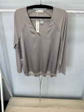 Load image into Gallery viewer, Malissa J stone gun studded V-neck top for women - long sleeve embellished blouse with drawstring hem, stylish casual and evening wear top