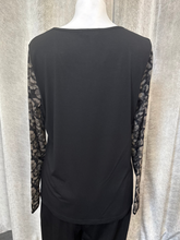 Load image into Gallery viewer, Malissa J WF2621 black mesh sleeve top with abstract spot detail-women’s round neck top for day-to-night outfits.