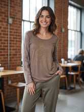 Load image into Gallery viewer, Malissa J WF2621 mushroom mesh sleeve top with abstract detail-women’s round neck top for versatile day-to-night outfits