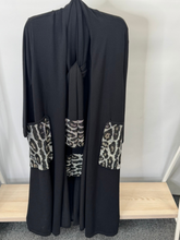 Load image into Gallery viewer, Malissa J WF2639 black knitted coatigan with animal print pockets and matching scarf—two-piece women’s longline knitwear set