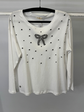 Load image into Gallery viewer, Malissa J white bow design top - women’s long sleeve round neck studded blouse with bow detail, versatile day-to-night fashion piece