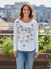 Load image into Gallery viewer, Malissa J WF2651 white star pattern women’s top – long sleeve celestial print blouse, casual and smart-casual versatile top.