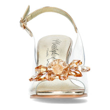 Load image into Gallery viewer, A pair of gold-colored heels with ankle straps